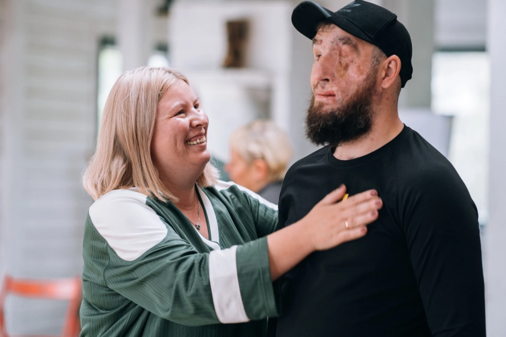 Two people sharing a moment of connection indoors