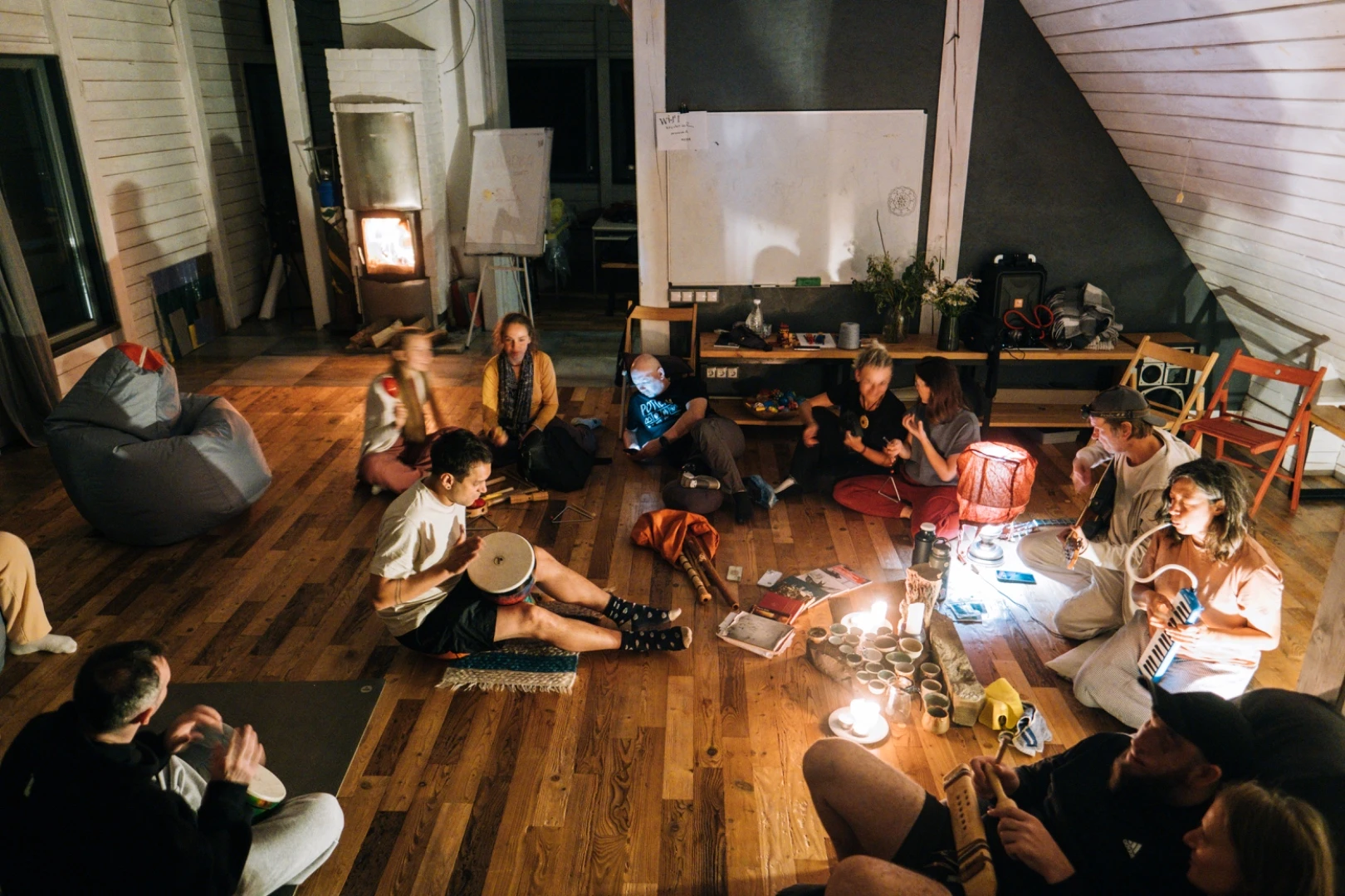 An evening music circle indoors